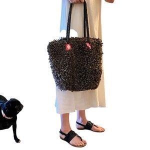 En Shalla Brown Handmade Large Looped Round Wool Leather Beaded Bag Purse Tote